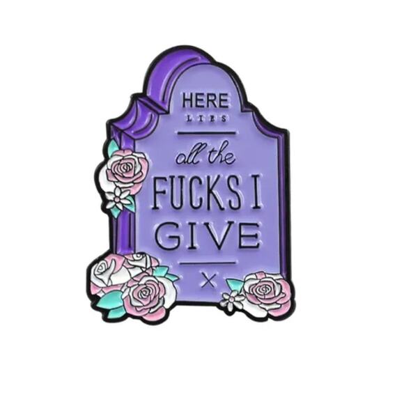Here Lies All The F*cks I Give purple enamel tombstone pin - Picture 1 of 5